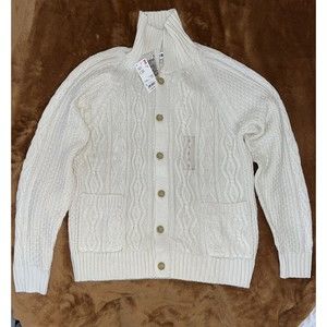 Uniqlo Men’s L White Ivory Wool Blend Cable Knit Long Sleeve Cardigan Sweater